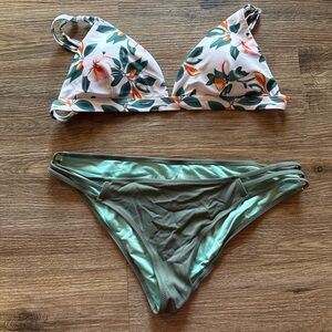 Floral Triangle Bikini Top and Olive Strappy Bottoms - Women Swim